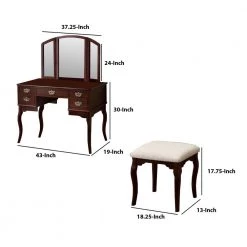 Spacious Brown Solid Wood Vanity Table with Three Sided Mirror and Fabric Padded Stool by Benjara -Cheap Benjara Store brown benjara makeup vanities bm138071 fa 1000