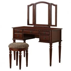 Commodious Cherry Brown Vanity Set Featuring Stool and Mirror by Benjara