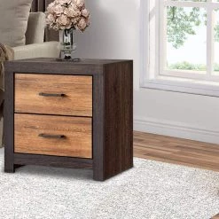 2-Drawer Brown Dual Tne Nightstand with Metal Bar Pulls 24.75 in. H x 24 in. W x 24.75 in. L by Benjara -Cheap Benjara Store brown benjara nightstands bm242640 31 1000