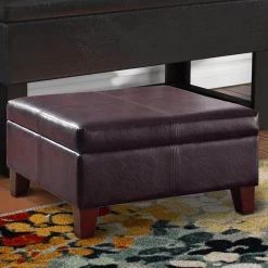 28 in. L x 28 in. W x 15.75 in. H Brown Large Leatherette Upholstered Wooden Ottoman with Hinged Storage by Benjara -Cheap Benjara Store brown benjara ottomans bm195755 c3 1000