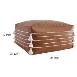 Brown Yarn Embroidery Square Vegan Faux Leather Pouf with Tassels by Benjara -Cheap Benjara Store brown benjara ottomans bm276949 44 1000
