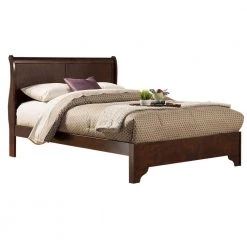 Brown Rubberwood Queen Size Low Footboard Sleigh Bed by Benjara -Cheap Benjara Store brown benjara platform beds bm171938 1d 1000