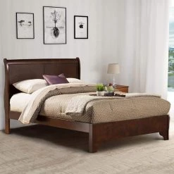 Brown Rubberwood Queen Size Low Footboard Sleigh Bed by Benjara -Cheap Benjara Store brown benjara platform beds bm171938 31 1000