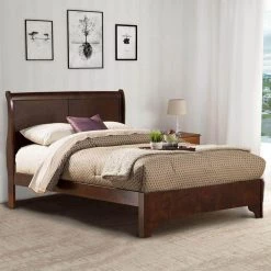 Brown Rubberwood Queen Size Low Footboard Sleigh Bed by Benjara