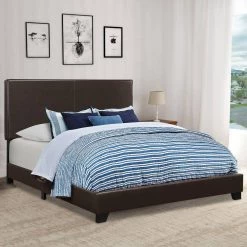 Leather Upholstered Brown Queen Size Platform Bed by Benjara -Cheap Benjara Store brown benjara platform beds bm182794 31 1000