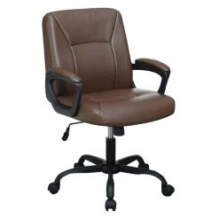 Brown Metal Leatherette Office Chair with Curved Arms and Leatherette Upholstery by Benjara