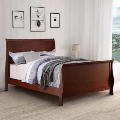 Clean and Convenient Cherry Finish Full Size Wooden Bed by Benjara -Cheap Benjara Store cherry benjara panel beds bm168406 31 1000