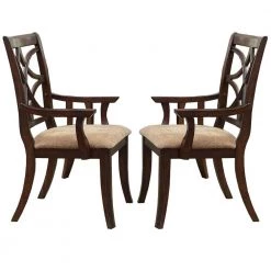 Cherry Brown and Beige Solid Wooden Arm Chair with Beige Fabric Seat (Set Of 2) by Benjara