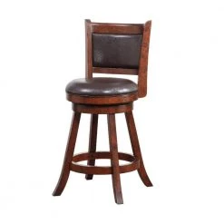 Eva 37.5 in. Cherry Brown Wood Frame Swivel Counter Stool Faux Leather by Benjara