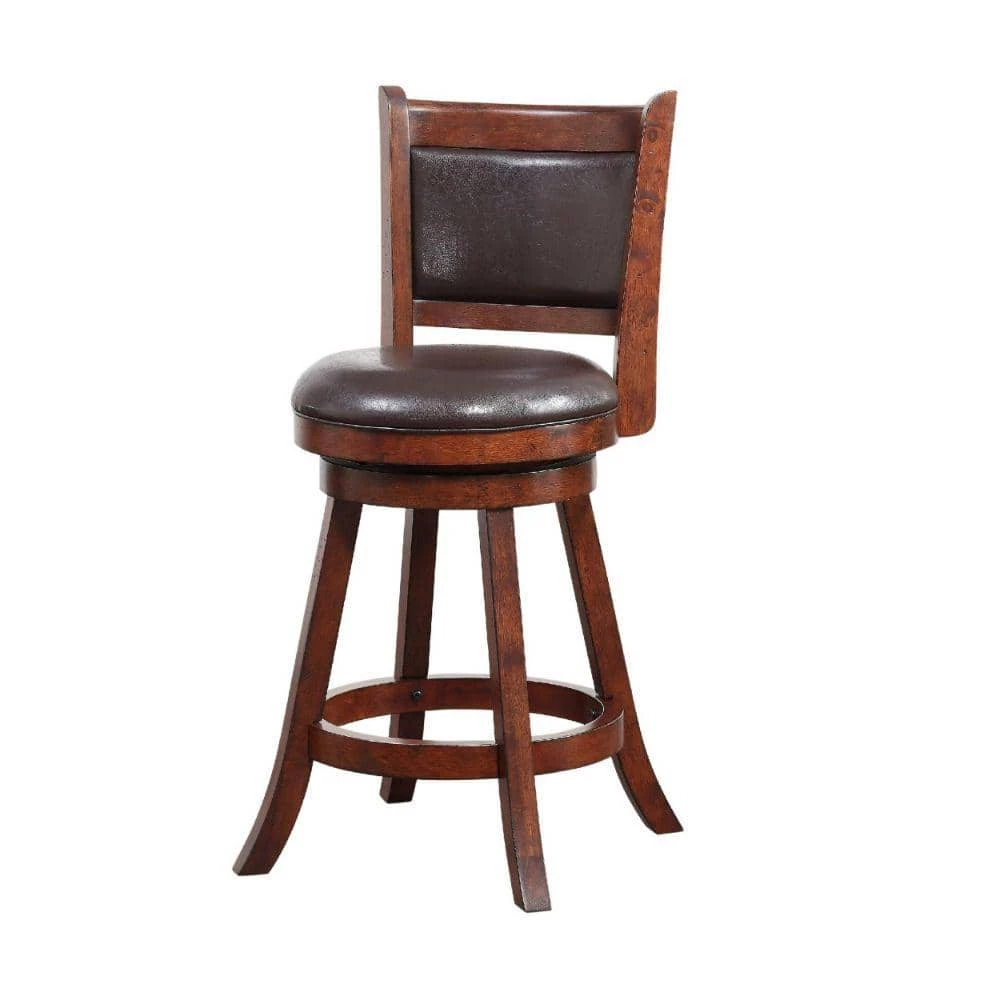 Eva 37.5 in. Cherry Brown Wood Frame Swivel Counter Stool Faux Leather by Benjara 1 Eva 37.5 in. Cherry Brown Wood Frame Swivel Counter Stool Faux Leather by Benjara