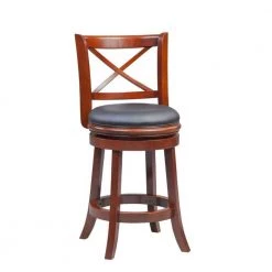 Gia 37.5 in. Cherry Brown High Back Solid Wood Swivel Counter Stool With Faux Leather Seat by Benjara