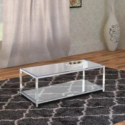 48 in. Silver and Clear Rectangle Glass Top Metal Coffee Table with Open Bottom Shelf by Benjara -Cheap Benjara Store clear and silver benjara coffee tables bm203952 31 1000