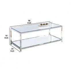48 in. Silver and Clear Rectangle Glass Top Metal Coffee Table with Open Bottom Shelf by Benjara -Cheap Benjara Store clear and silver benjara coffee tables bm203952 44 1000