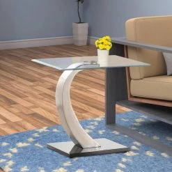 24 in. W Clear and Silver Floating Tempered Glass Top End Table with Metal Support by Benjara -Cheap Benjara Store clear and silver benjara end side tables bm219589 31 1000