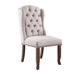 Button Tufted Cream and Brown Fabric Upholstery Wing Back Chair (Set of 2) by Benjara