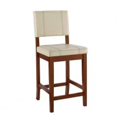 Cream and Brown Wooden Counter Stool with Cushioned Seat and Backrest by Benjara