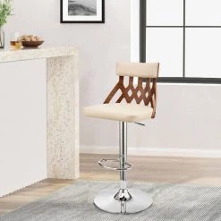 45 in. Cream and Brown Metal Framed Swivel Barstool with Cut Out Back and Pedestal Base by Benjara -Cheap Benjara Store cream and brown benjara bar stools bm269996 31 1000