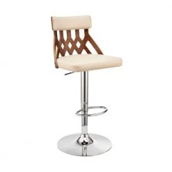 45 in. Cream and Brown Metal Framed Swivel Barstool with Cut Out Back and Pedestal Base by Benjara