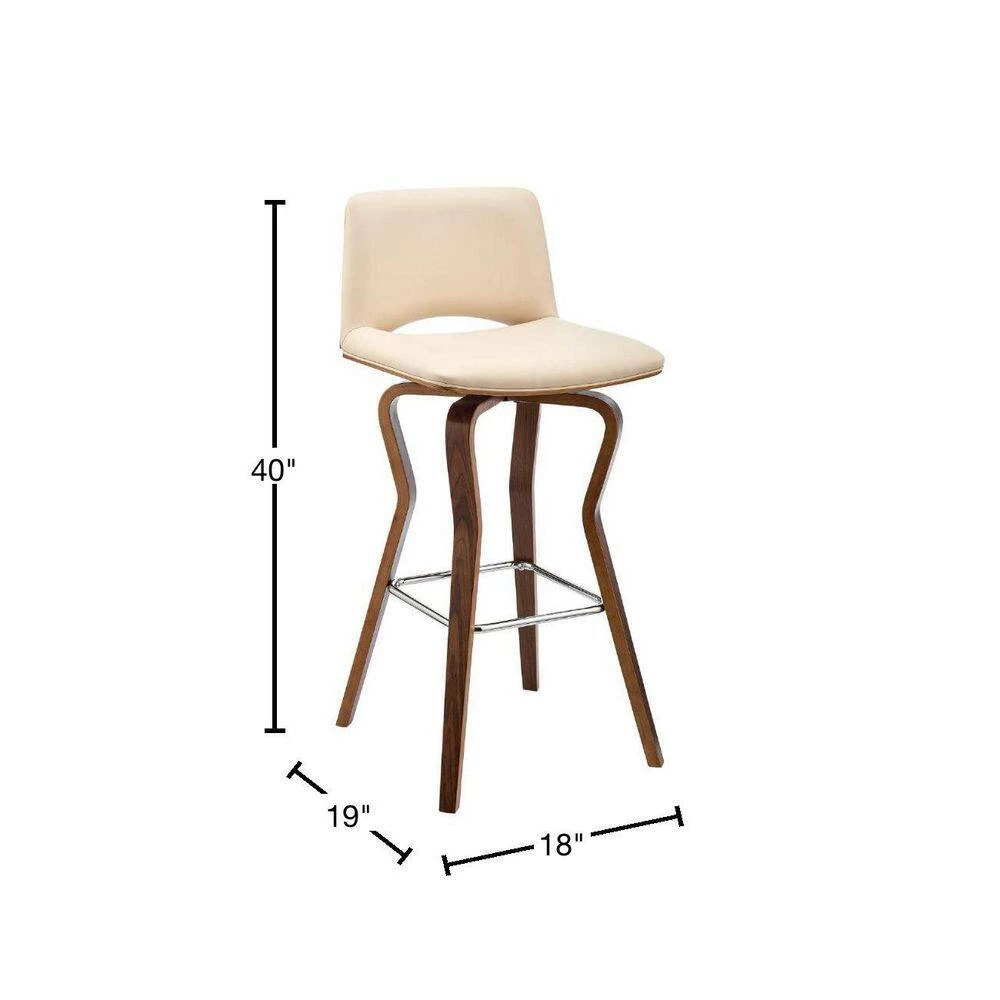 40 in. Cream and Brown Low Back Metal and Wood Swivel Barstool with Faux Leather and Wooden Support by Benjara 3 40 in. Cream and Brown Low Back Metal and Wood Swivel Barstool with Faux Leather and Wooden Support by Benjara - Image 3