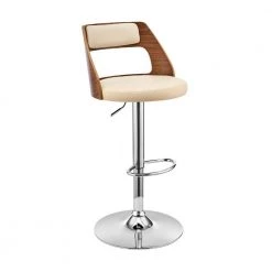 43 in. Cream and Brown Metal Framed Adjustable Barstool with Open Wooden Back by Benjara