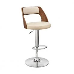 44 in. Cream and Brown Low Back Metal and Wood Adjustable Barstool with Open Design Wooden Back by Benjara
