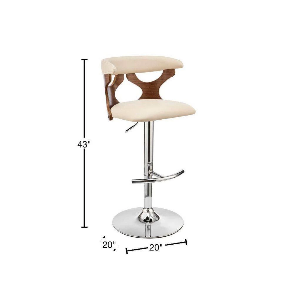 43 in. Cream and Brown Metal Adjustable Barstool with Curved Cut Out Wooden Back by Benjara 3 43 in. Cream and Brown Metal Adjustable Barstool with Curved Cut Out Wooden Back by Benjara - Image 3