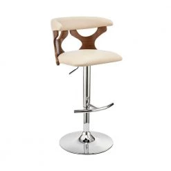 43 in. Cream and Brown Metal Adjustable Barstool with Curved Cut Out Wooden Back by Benjara
