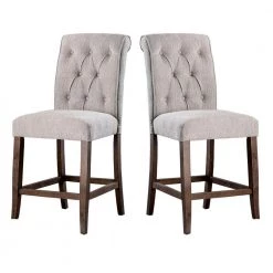 Cream and Brown Wooden Fabric Upholstered Counter Height Chair (Pack of Two) by Benjara