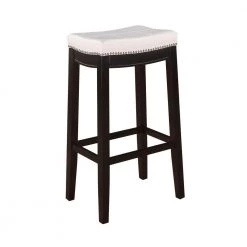 32 in. H Cream and Dark Brown Wooden Bar Stool with Faux Leather Upholstery by Benjara