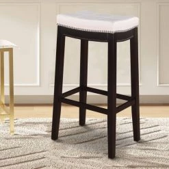 32 in. H Cream and Dark Brown Wooden Bar Stool with Faux Leather Upholstery by Benjara -Cheap Benjara Store cream and dark brown benjara bar stools bm16772 fa 1000