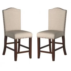 Cream and Brown Rubber Wood High Chair with Studded Trim (Set of 2) by Benjara