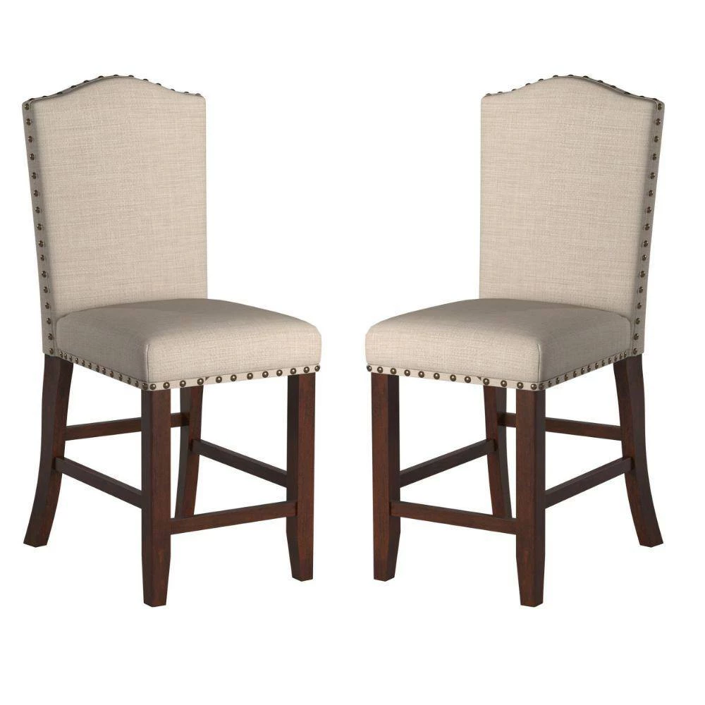 Cream and Brown Rubber Wood High Chair with Studded Trim (Set of 2) by Benjara 2 Cream and Brown Rubber Wood High Chair with Studded Trim (Set of 2) by Benjara - Image 2