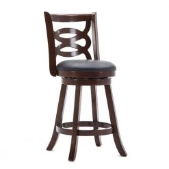 37.5 in. H Solid Wood Dark Brown High Back Counter Stool with Open Geometric Curved Back by Benjara