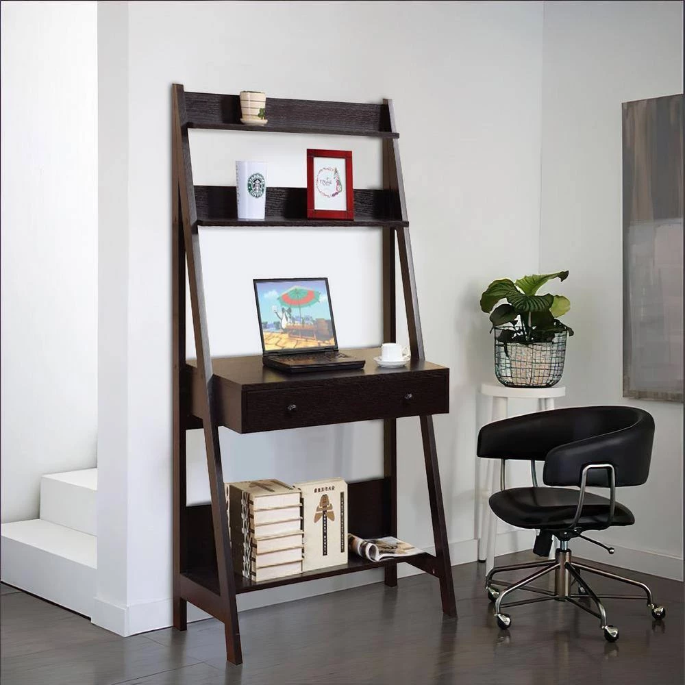 35 in. Rectangular Dark Brown 1 Drawer Ladder Desk with Built-In Storage by Benjara 9 35 in. Rectangular Dark Brown 1 Drawer Ladder Desk with Built-In Storage by Benjara - Image 9