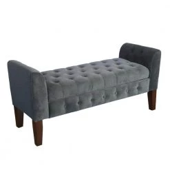 Dark Gray and Brown Velvet Upholstered Button Tufted Wooden Bench Settee Hinged Storage 18 in. L x 50 in. W x 23 in. H by Benjara