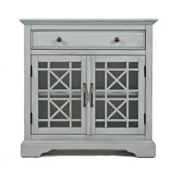 Craftmen Series Earl Gray 32 in. Wooden Accent Cabinet with Fretwork Glass Front by Benjara