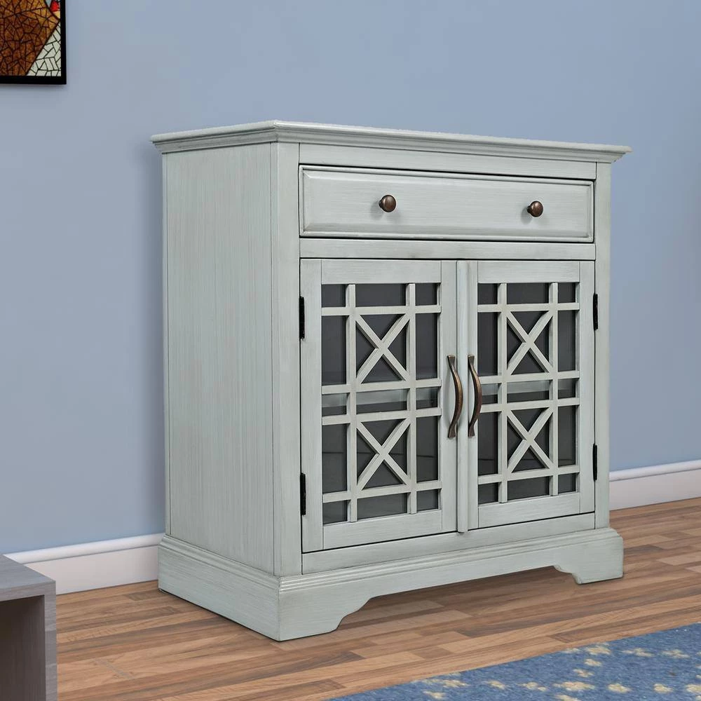 Craftmen Series Earl Gray 32 in. Wooden Accent Cabinet with Fretwork Glass Front by Benjara 3 Craftmen Series Earl Gray 32 in. Wooden Accent Cabinet with Fretwork Glass Front by Benjara - Image 3