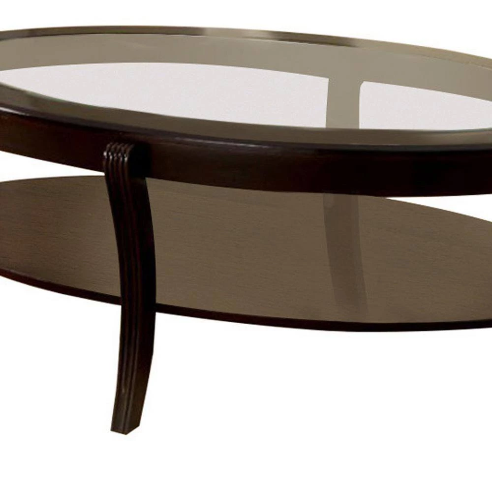 49 in. Espresso Large Oval Glass Coffee Table with Shelf by Benjara 4 49 in. Espresso Large Oval Glass Coffee Table with Shelf by Benjara - Image 4