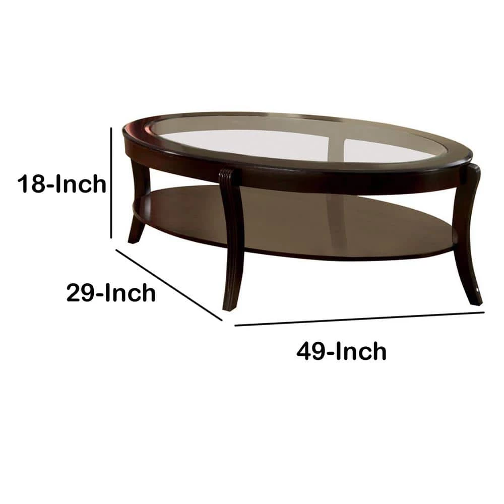 49 in. Espresso Large Oval Glass Coffee Table with Shelf by Benjara 5 49 in. Espresso Large Oval Glass Coffee Table with Shelf by Benjara - Image 5
