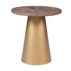 Small Brown and Gold Round Wooden Top Corner Table with Metal Conical Base by Benjara