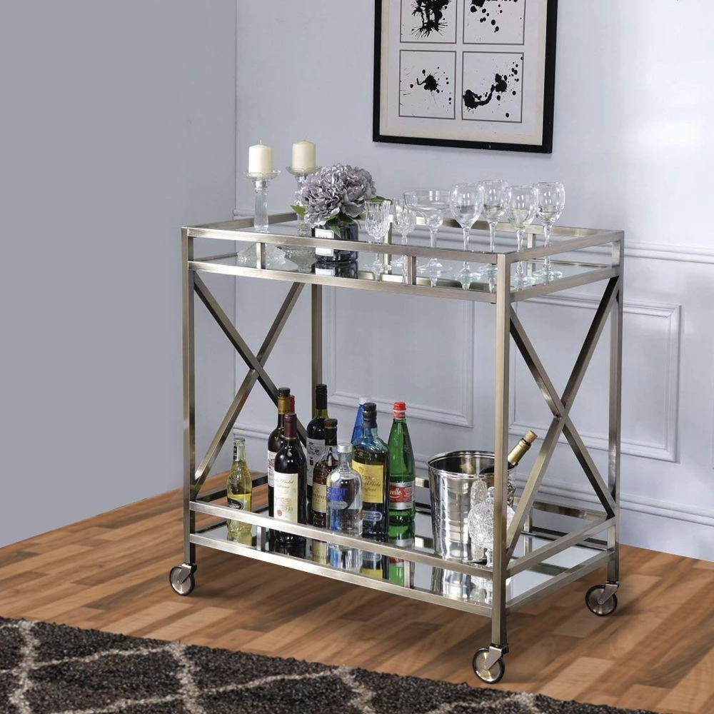 Metal Framed Silver and Clear 2-Tier Serving Cart with X Shaped Side Panels by Benjara 8 Metal Framed Silver and Clear 2-Tier Serving Cart with X Shaped Side Panels by Benjara - Image 8
