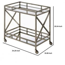 Metal Framed Silver and Clear 2-Tier Serving Cart with X Shaped Side Panels by Benjara 12 Metal Framed Silver and Clear 2-Tier Serving Cart with X Shaped Side Panels by Benjara -Cheap Benjara Store gold and clear benjara bar carts bm194346 44 1000