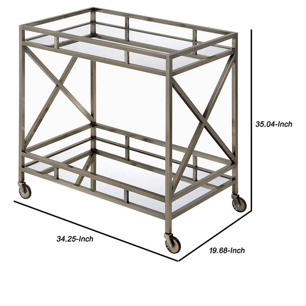 Metal Framed Silver and Clear 2-Tier Serving Cart with X Shaped Side Panels by Benjara 5 Metal Framed Silver and Clear 2-Tier Serving Cart with X Shaped Side Panels by Benjara - Image 5
