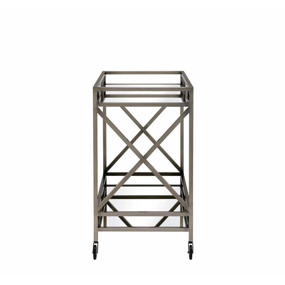Metal Framed Silver and Clear 2-Tier Serving Cart with X Shaped Side Panels by Benjara 3 Metal Framed Silver and Clear 2-Tier Serving Cart with X Shaped Side Panels by Benjara - Image 3