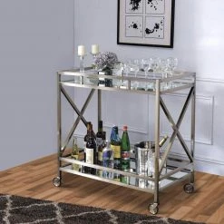 Metal Framed Silver and Clear 2-Tier Serving Cart with X Shaped Side Panels by Benjara