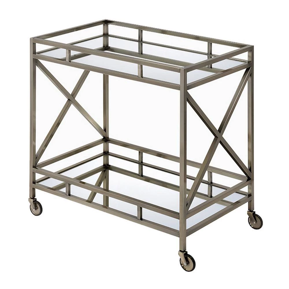 Metal Framed Silver and Clear 2-Tier Serving Cart with X Shaped Side Panels by Benjara 7 Metal Framed Silver and Clear 2-Tier Serving Cart with X Shaped Side Panels by Benjara - Image 7