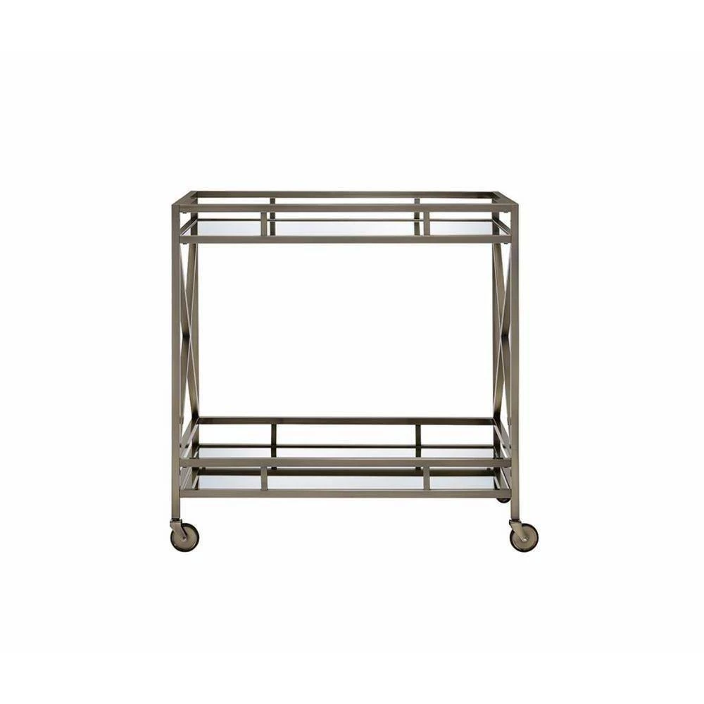 Metal Framed Silver and Clear 2-Tier Serving Cart with X Shaped Side Panels by Benjara 2 Metal Framed Silver and Clear 2-Tier Serving Cart with X Shaped Side Panels by Benjara - Image 2