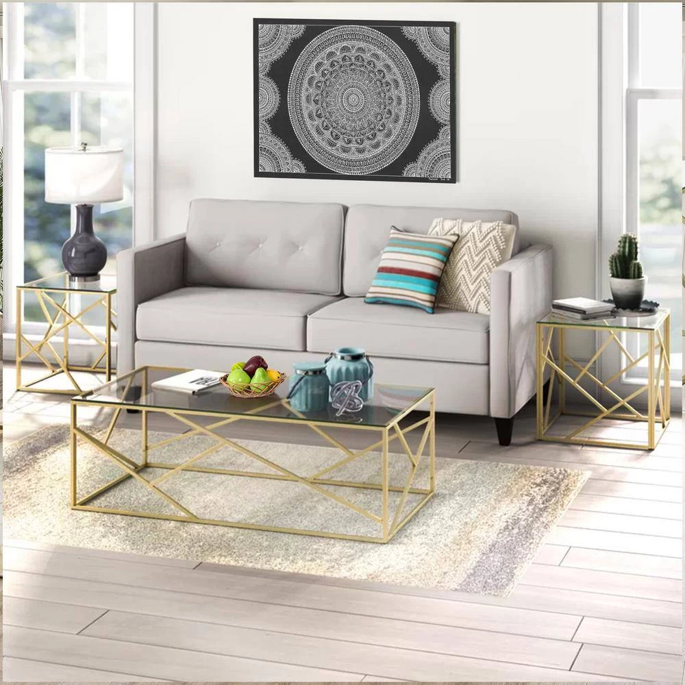3-Piece 48 in. Gold/Clear Large Rectangle Glass Coffee Table Set with Open Geometric Base by Benjara 6 3-Piece 48 in. Gold/Clear Large Rectangle Glass Coffee Table Set with Open Geometric Base by Benjara - Image 6