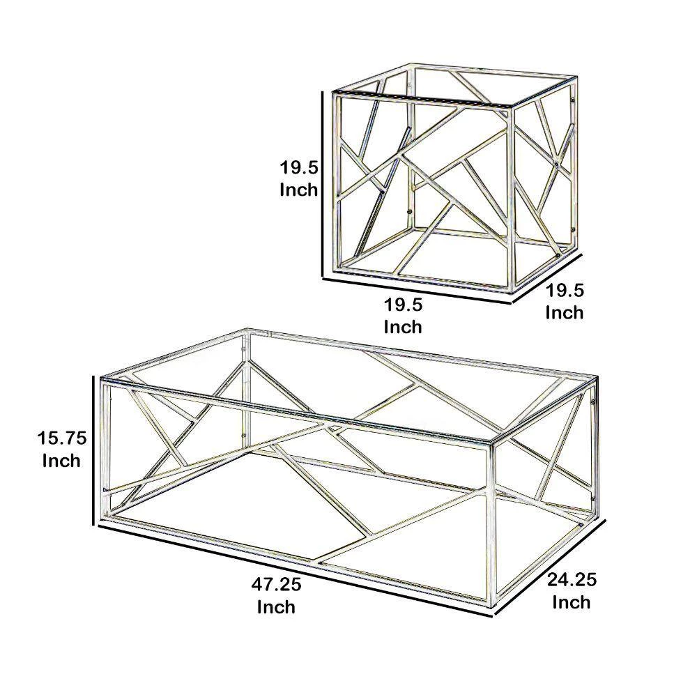 3-Piece 48 in. Gold/Clear Large Rectangle Glass Coffee Table Set with Open Geometric Base by Benjara 5 3-Piece 48 in. Gold/Clear Large Rectangle Glass Coffee Table Set with Open Geometric Base by Benjara - Image 5