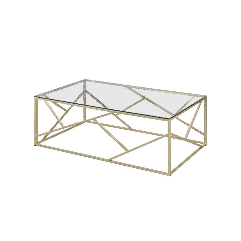 3-Piece 48 in. Gold/Clear Large Rectangle Glass Coffee Table Set with Open Geometric Base by Benjara 3 3-Piece 48 in. Gold/Clear Large Rectangle Glass Coffee Table Set with Open Geometric Base by Benjara - Image 3